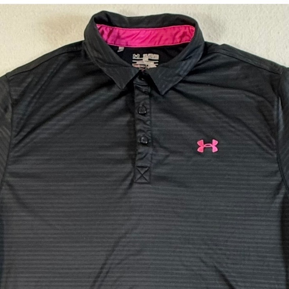Under Armour Polo Shirt Mens 2XL HeatGear Loose Fit Striped Black Pink